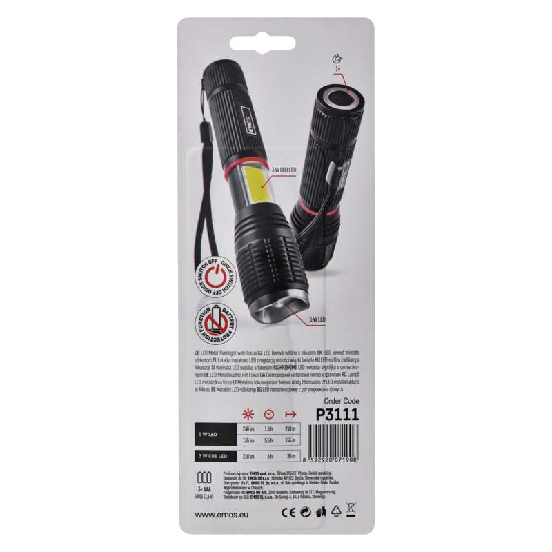 COB LED + LED ruční svítilna P3111, 230 lm, 3× AAA, fokus EMOS